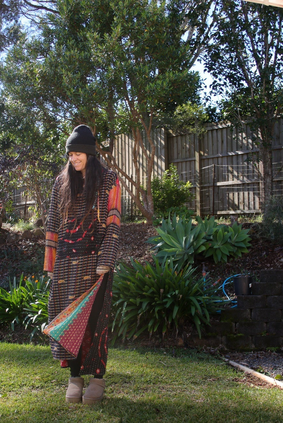 Introducing the Santosha Hoodie: Renew Bohemian's New 3-Layer Kantha Maxi Hoodie