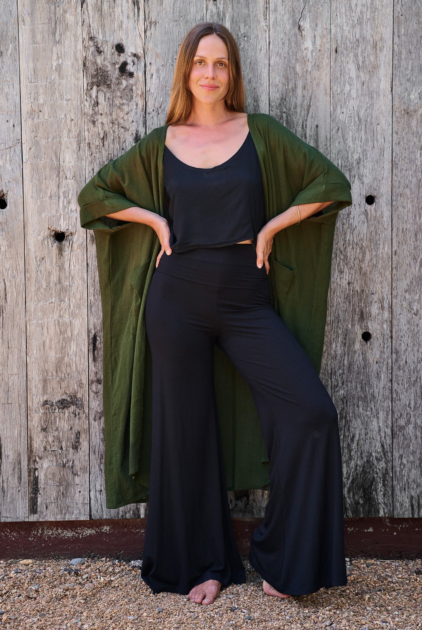 Palazzo Pants Black RenewBohemianBasicsCamiblackPalazzosblackFlowgreen3 Renew Bohemian Pty Ltd