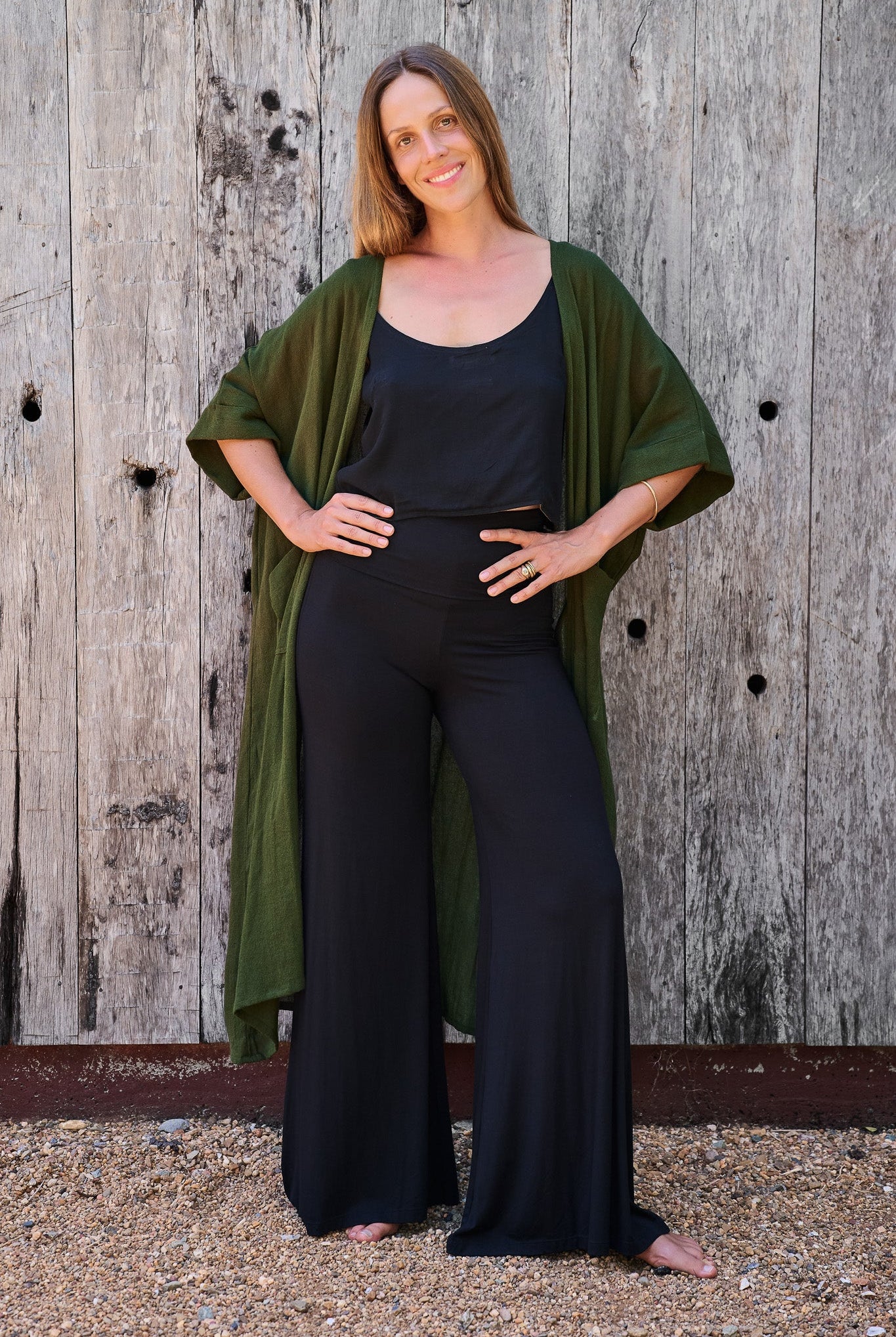 Flow Robe Forest Green RenewBohemianBasicsCamiblackPalazzosblackFlowgreen4 Renew Bohemian Pty Ltd
