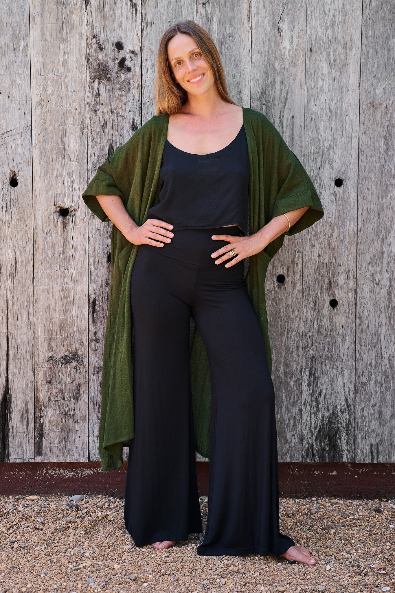 Flow Robe Forest Green RenewBohemianBasicsCamiblackPalazzosblackFlowgreen4 Renew Bohemian Pty Ltd