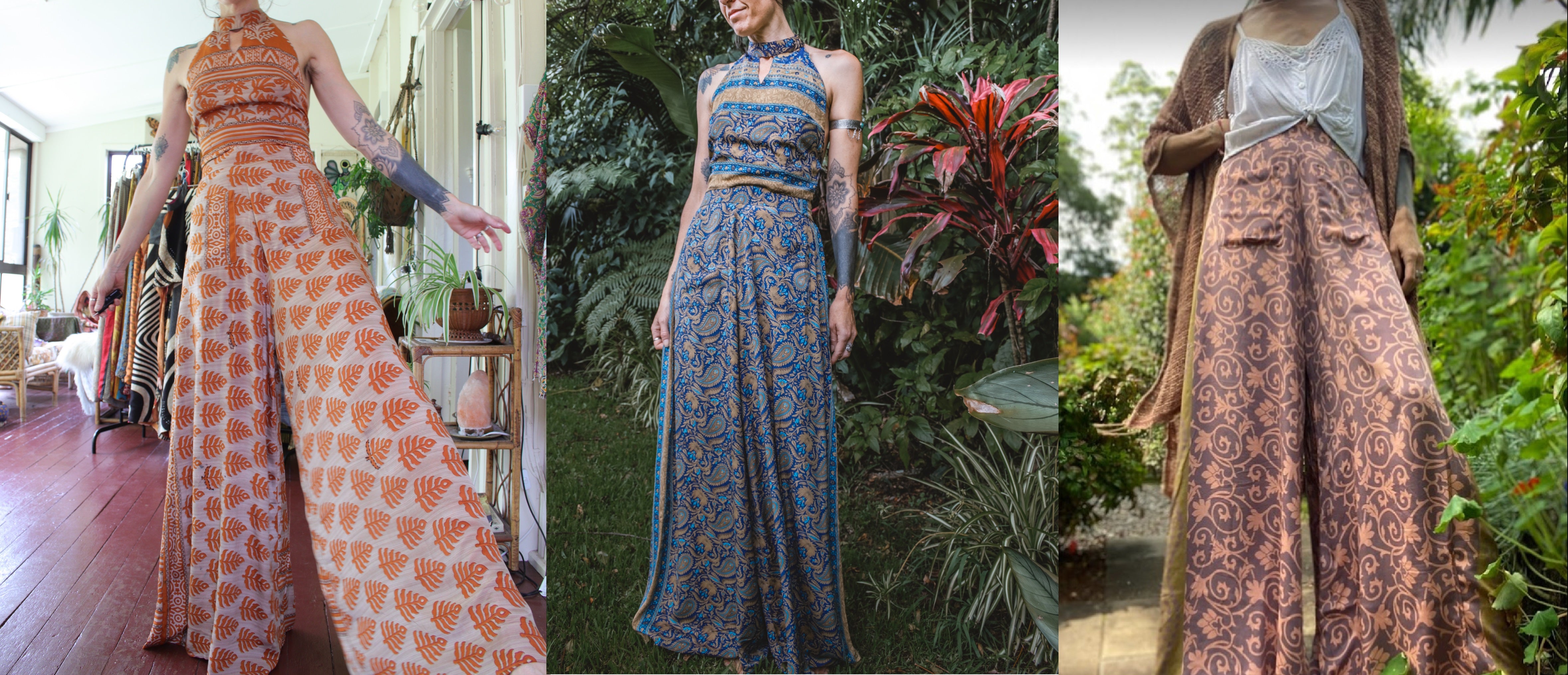 Woman wearing colourful wide leg silk pants in various settings