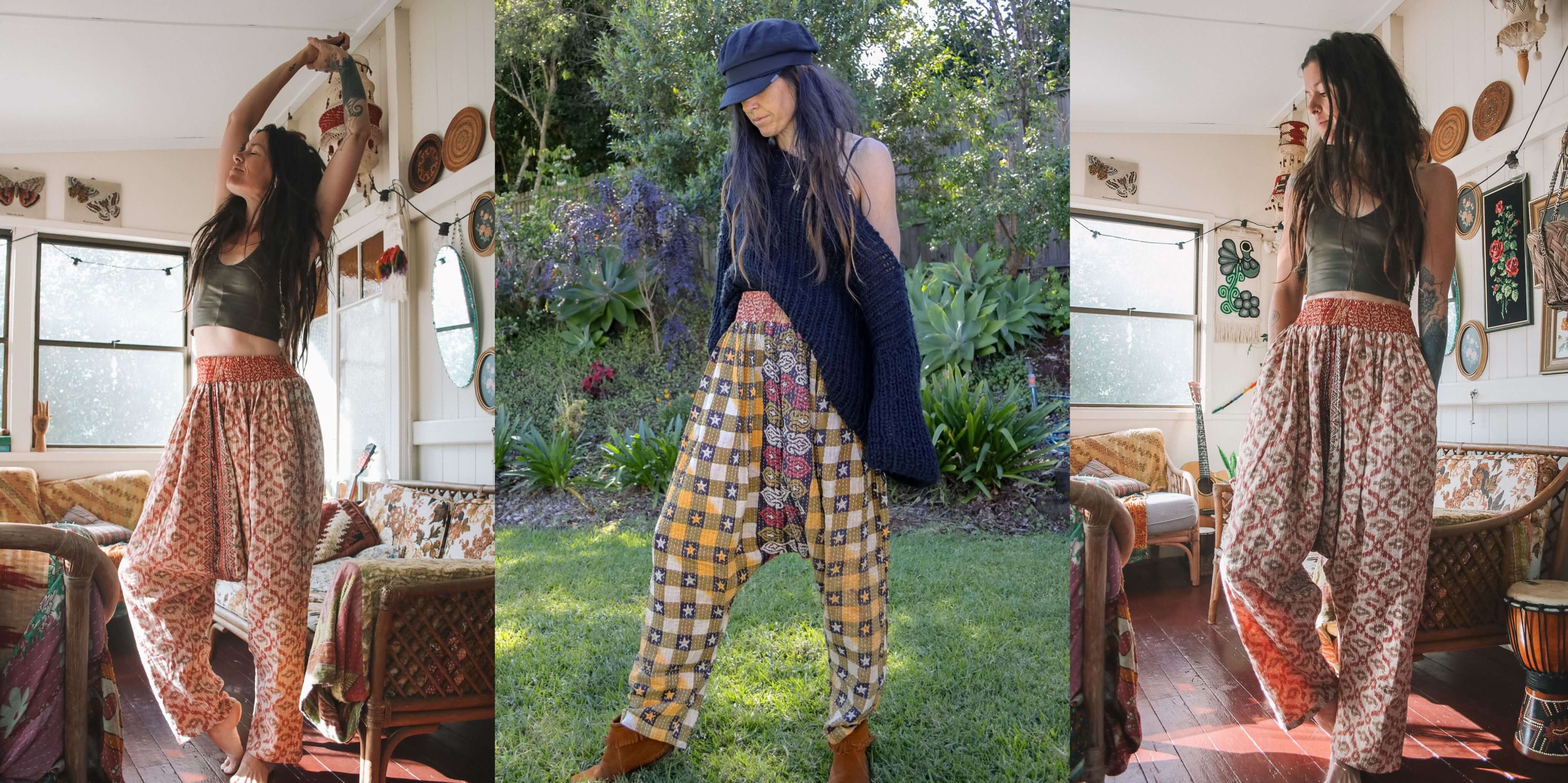 Woman wearing patterned pants in various settings