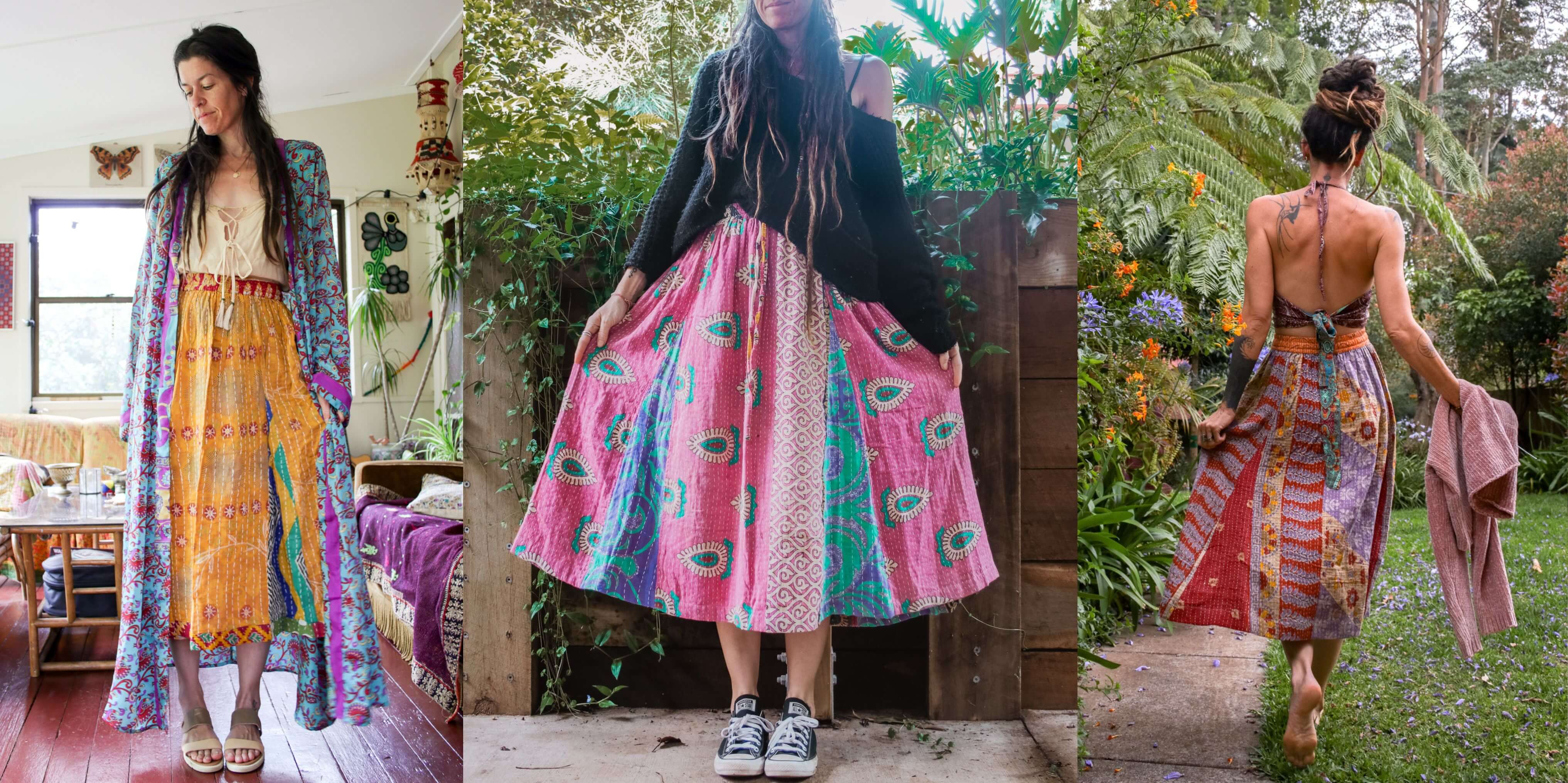 Three images of a woman wearing colorful outfits in different settings.