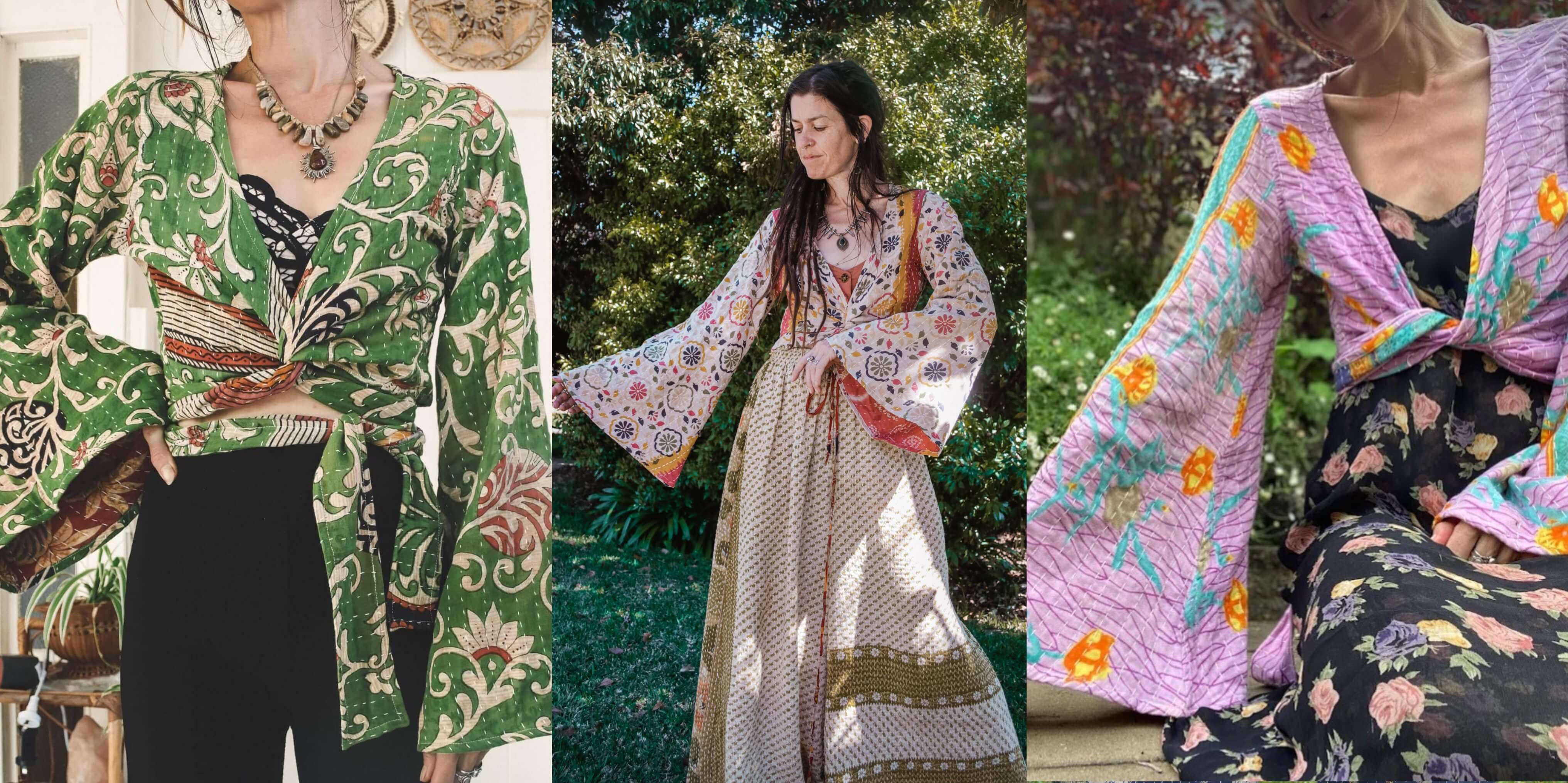 Three women wearing patterned dresses in a collage format.