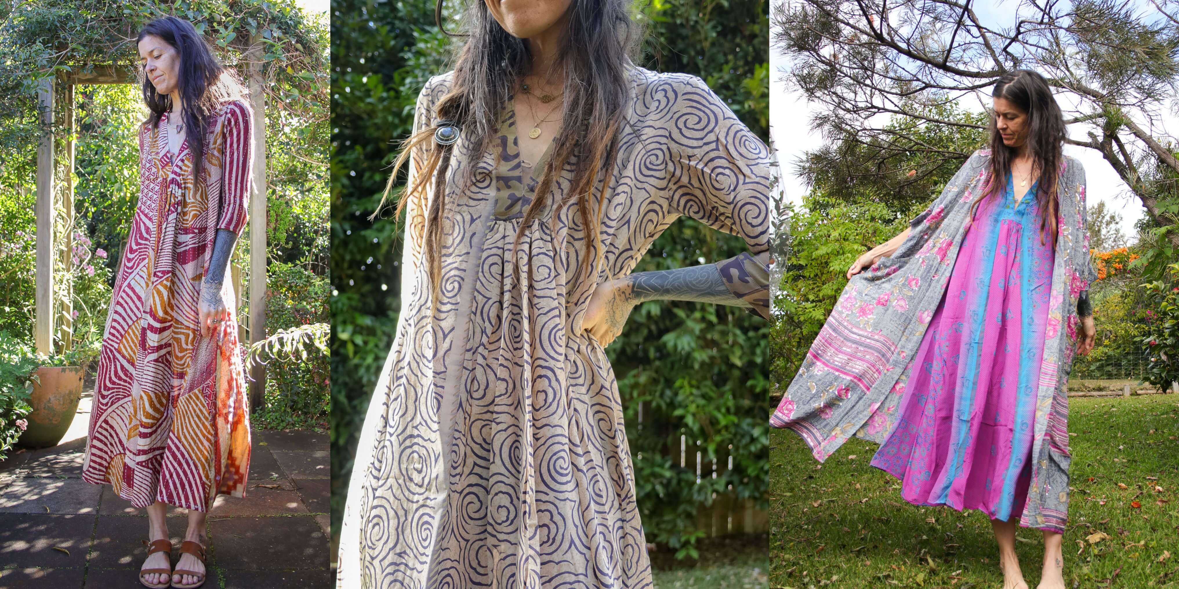 Woman wearing a patterned dress with a matching shawl outdoors.