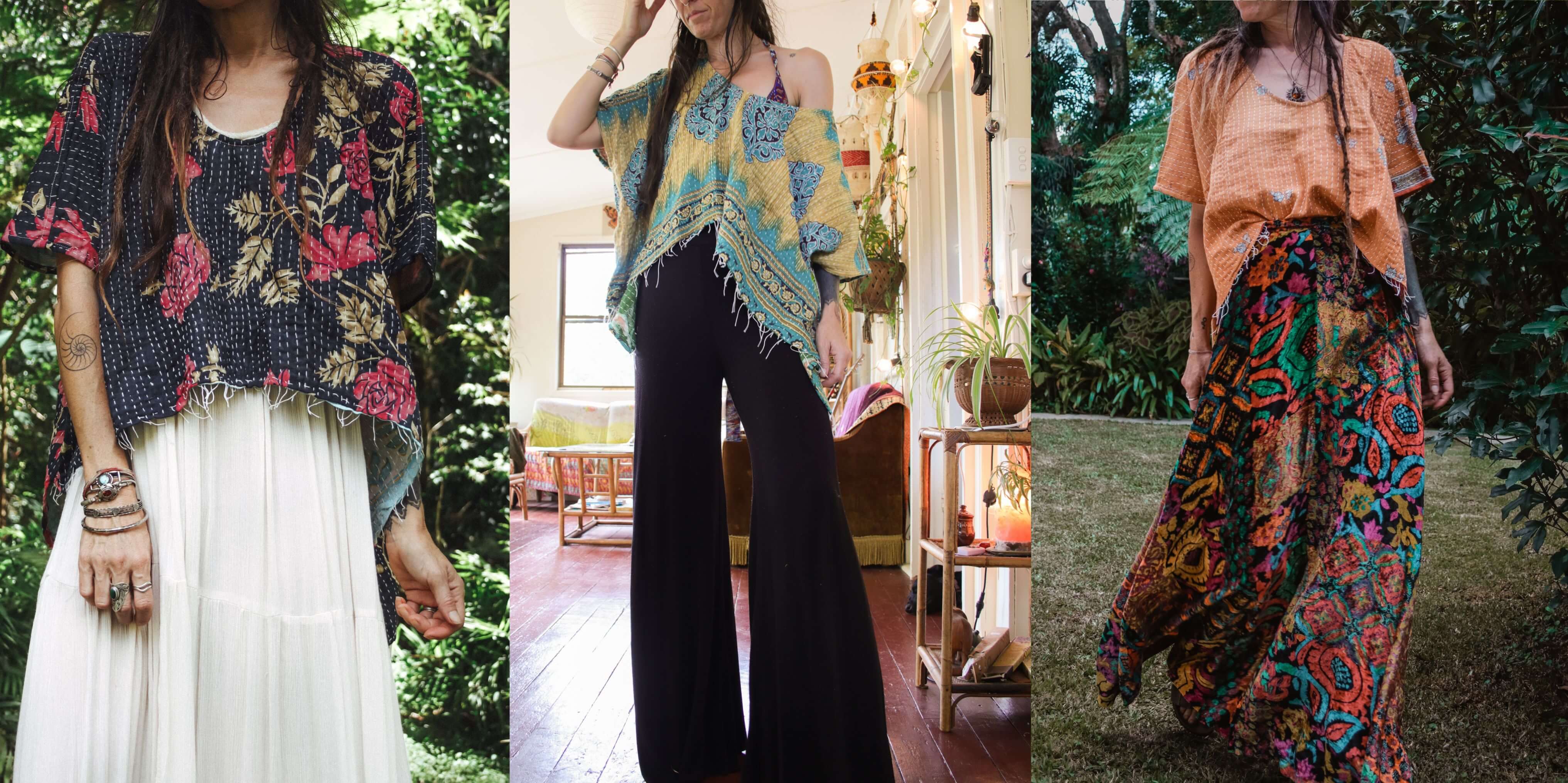 Three women wearing colorful, patterned clothing in various settings.