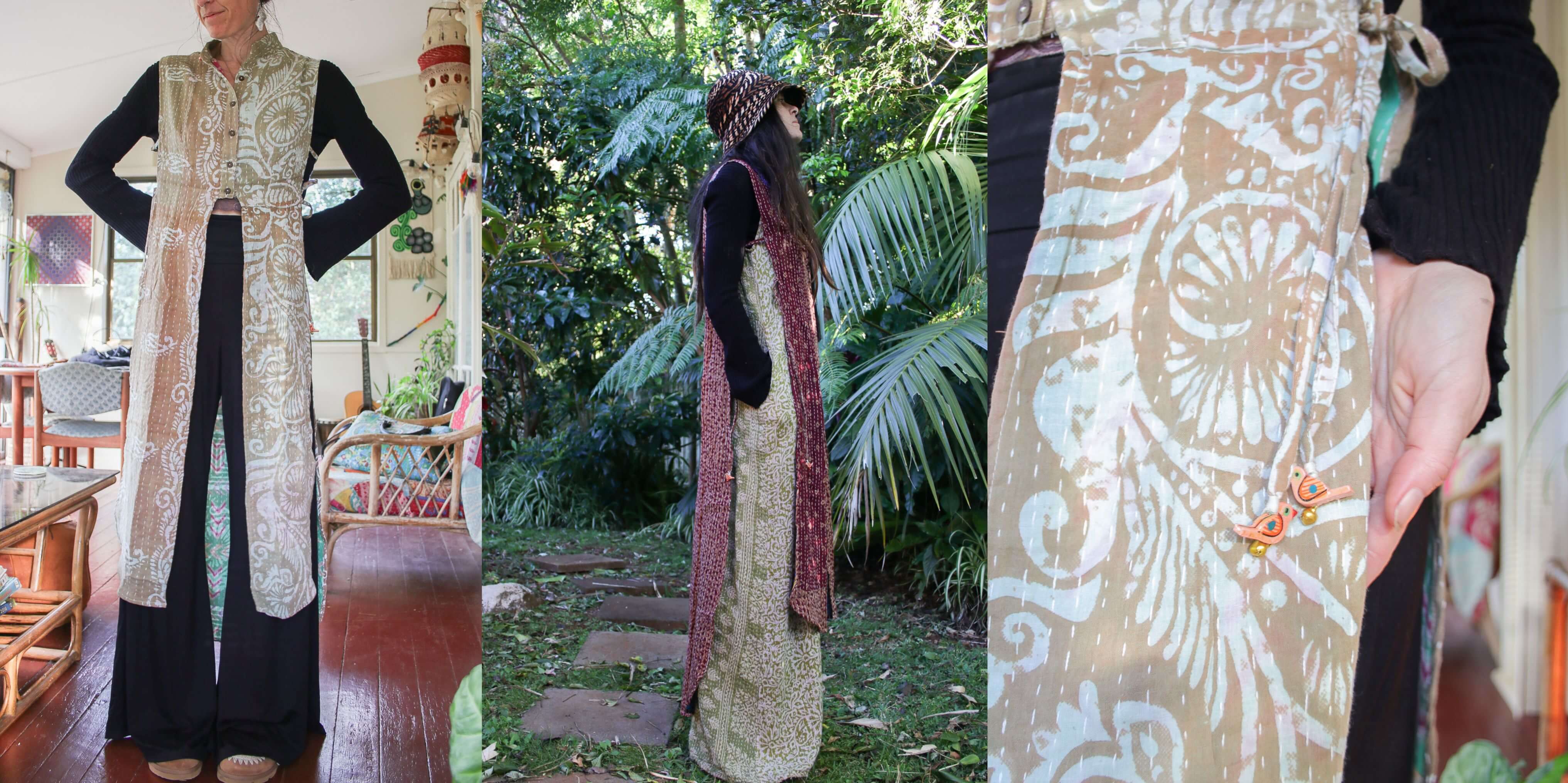 Woman wearing a long, patterned dress with a hood in various settings.
