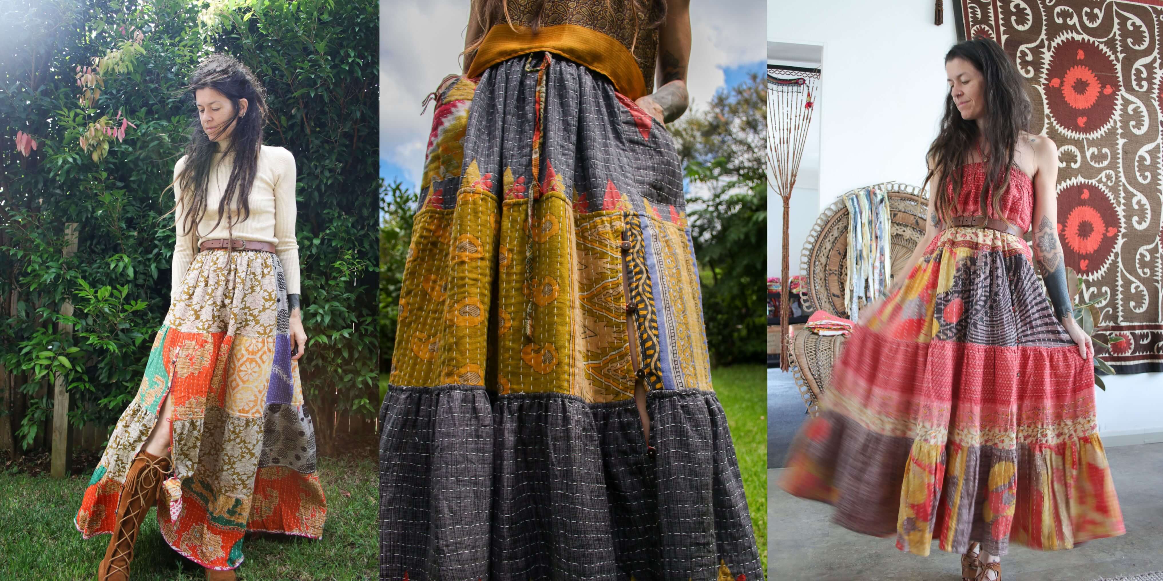 Multicolored dress with patterns worn by a model outdoors and indoors.
