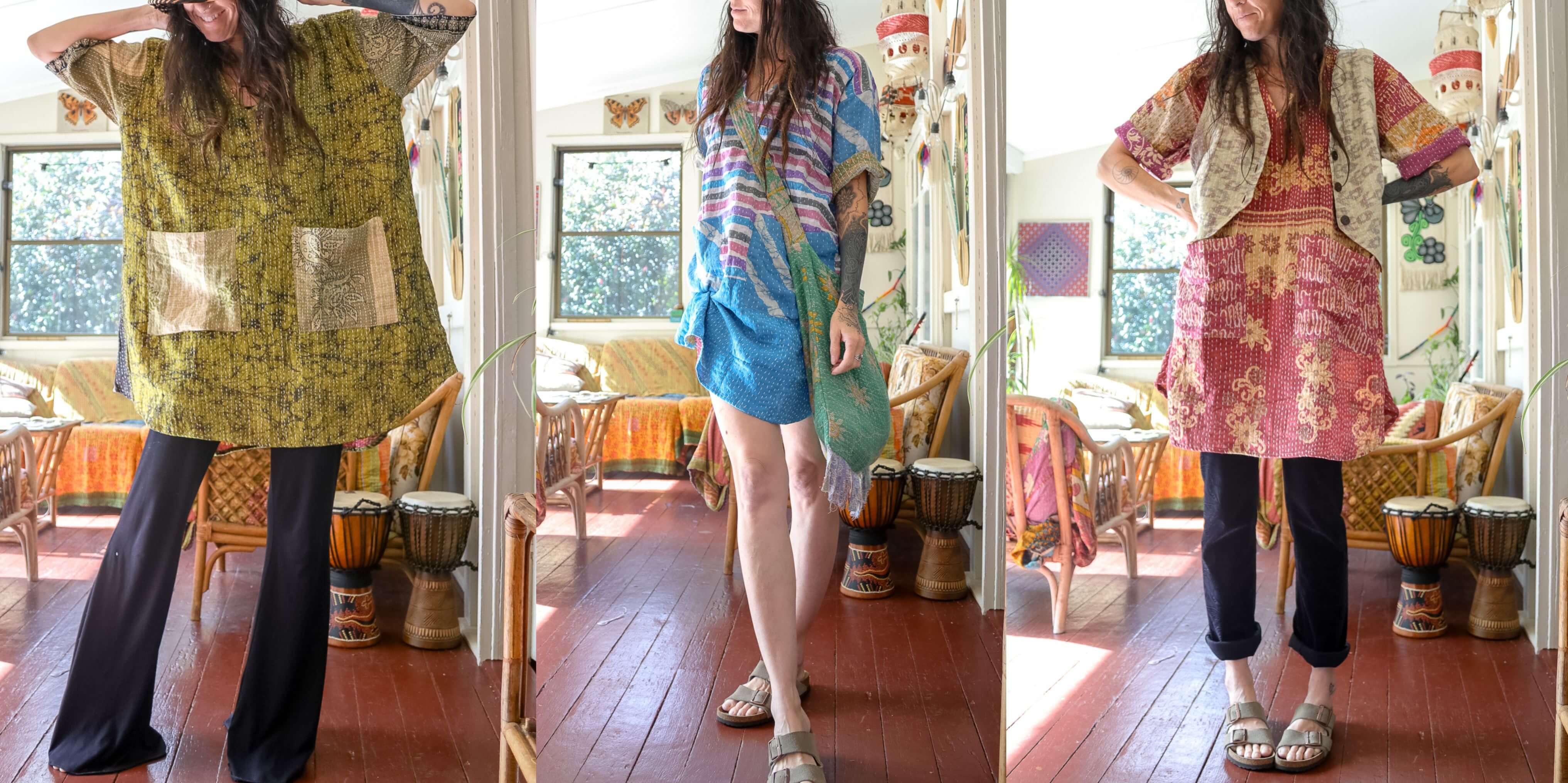 Three women in different outfits standing in a room with wooden floors and decorative items.