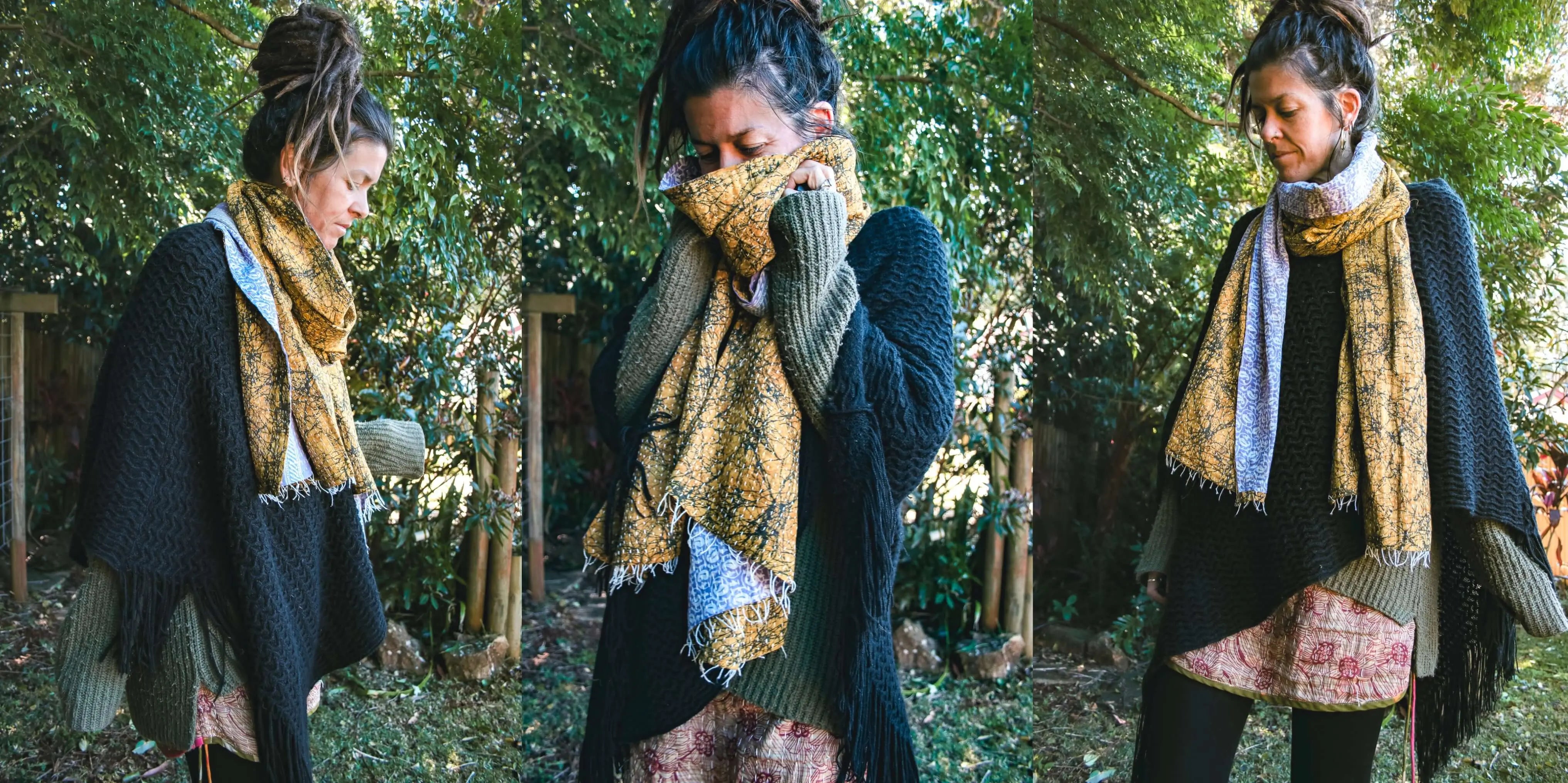 Woman wearing a patterned kantha scarf outdoors with trees in the background