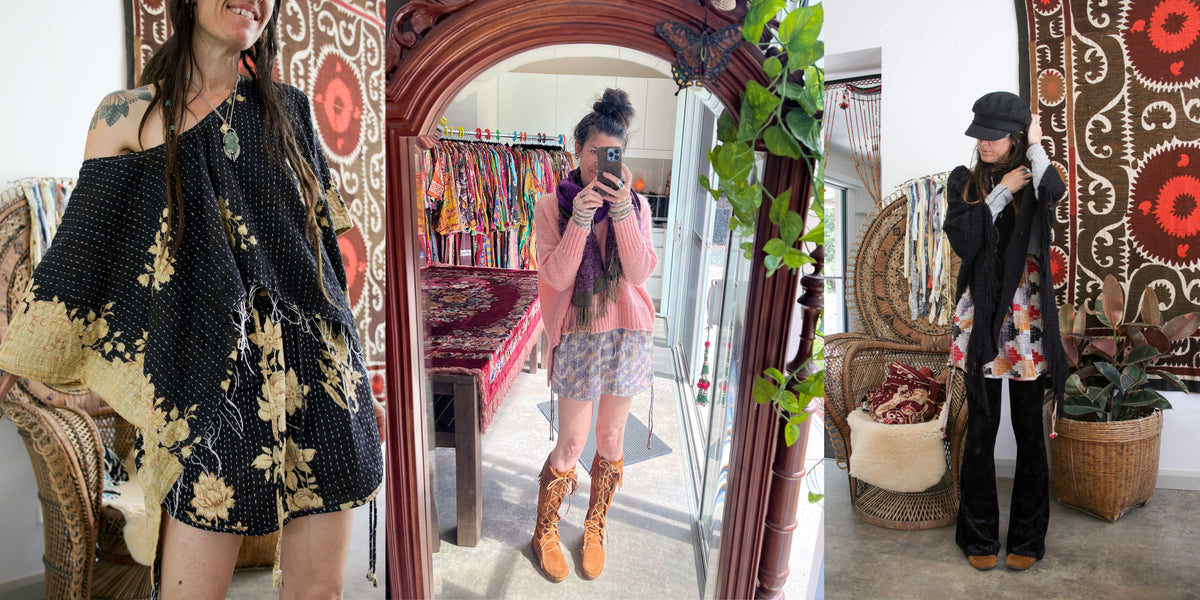 A three-panel collage showing a woman modeling a bohemian-style black and beige floral off-the-shoulder dress in different settings: a close-up, a mirror selfie in a boutique, and a full outfit shot. The boutique features colorful clothing racks, wicker furniture, and bohemian wall hangings.