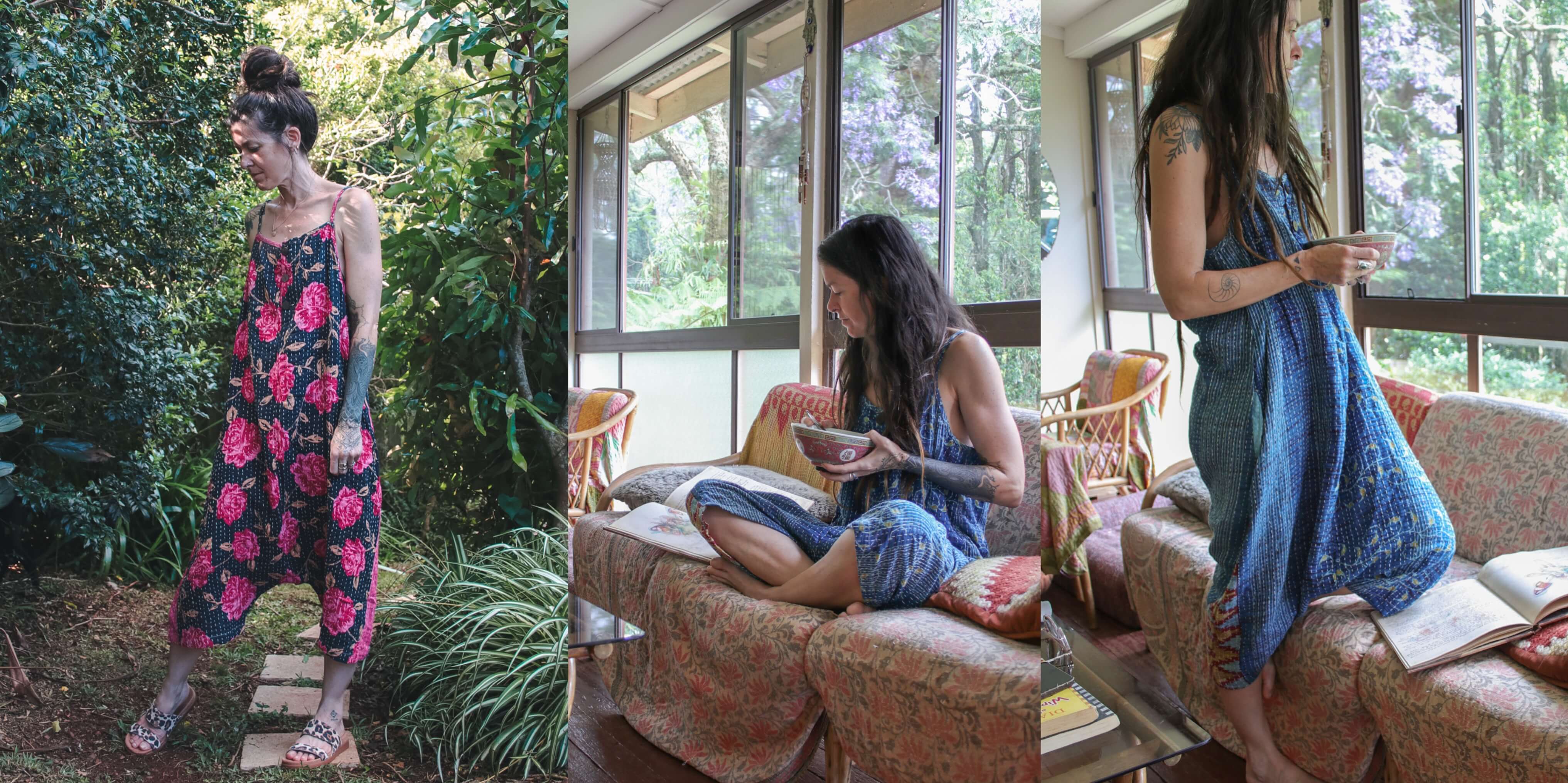 Woman in a floral jumpsuit outdoors and in a home setting.