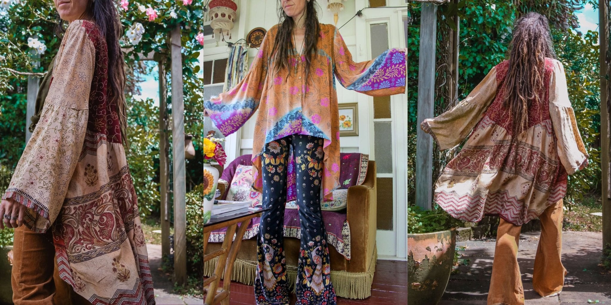 Woman in a colorful outfit standing in a garden setting